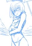  another bikini blush breasts cleavage covering covering_breasts embarrassed eyepatch maydrawfag misaki_mei monochrome navel short_hair solo swimsuit umbrella 