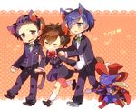  2boys animal_ears blue_eyes blue_hair bow brown_hair cait_sith closed_eyes female_protagonist_(persona_3) grey_eyes grey_hair hat multiple_boys odagiri_hidetoshi persona persona_3 persona_3_portable ribbon school_uniform shooting-star short_hair skirt smile sweatdrop yuuki_makoto 