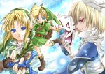  2boys androgynous bandages blonde_hair blue_eyes boots cloud dual_persona fingerless_gloves fox_mask gloves holding holding_sword holding_weapon iwaki_saori left-handed link mask master_sword multiple_boys pointy_ears red_eyes reverse_trap sheik shield sky sword the_legend_of_zelda the_legend_of_zelda:_ocarina_of_time tunic turban weapon young_link 