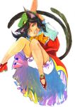  animal_ears arms_up bad_id bad_pixiv_id bare_legs bell black_hair bloomers bow bowtie cat_ears cat_tail chen grin hat jingle_bell kodamahikari legs multiple_tails pose red_footwear shoes smile solo tail touhou traditional_media underwear watercolor_(medium) white_background yellow_eyes 