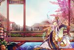  aquarium architecture bad_id bad_pixiv_id bell cherry_blossoms curtains domco east_asian_architecture fish flower hair_flower hair_ornament horns japanese_clothes kimono obi pixiv_fantasia pixiv_fantasia_new_world plant rope sash water waterfall 