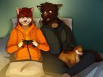  anthro blue_eyes brown_fur brown_hair brown_nose canine cat clothing comfy duo eyewear feline feral fur glasses hair male mammal open_mouth red_eye red_eyes smile solarbyte teeth video_games white_fur 