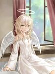  angel angel_wings bad_id bad_pixiv_id bed blonde_hair brown_eyes dress halo long_hair original sitting solo window wings yuyuzuki_(yume_usagi) 