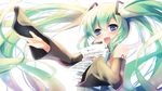  amamine bad_id bad_pixiv_id bass_clef blue_eyes blush detached_sleeves eighth_note floating_hair green_hair half_note hand_on_own_chest hatsune_miku headset long_hair musical_note open_mouth outstretched_arm quarter_note sheet_music solo treble_clef twintails very_long_hair vocaloid white_background 