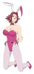  1girl absurdres animal_ears arm arms arms_behind_back bare_shoulders blue_eyes bow bowtie breasts bunny_ears bunny_girl bunnysuit cameltoe cleavage clothed_navel code_geass collarbone detached_collar fake_animal_ears female head_tilt heart high_heels highres kallen_stadtfeld kneeling large_breasts legs leotard looking_at_viewer looking_down open_mouth pantyhose red_hair shoes short_hair simple_background skin_tight solo thighs tied tied_up white_background 