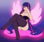  angel blue_hair bra breasts cleavage clothed clothing female friendship_is_magic glowing hair human humanized legwear long_hair looking_at_viewer makeup mammal multi-colored_hair my_little_pony necklace pink_hair purple_eyes purple_hair scorpdk sitting skimpy smile solo stockings thick_thighs thighs twilight_sparkle_(mlp) underwear wings 