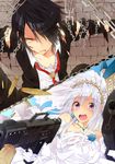  1girl black_hair blood bridal_veil bride bullet chain couple dress elbow_gloves flower formal gloves gun hair_ornament hetero long_hair original purple_eyes red_eyes shell_casing silver_hair suit tears tobari_(brokenxxx) veil weapon wedding_dress 