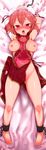  bandages barefoot bdsm blush breasts chain cuffs dakimakura double_bun highres ibaraki_kasen large_breasts looking_at_viewer lying nipples open_mouth pink_eyes pink_hair shackles short_hair solo touhou yassy 