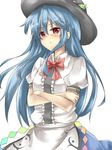  blue_hair blush bow crossed_arms deetamu food fruit hat highres hinanawi_tenshi long_hair looking_at_viewer peach puffy_sleeves red_eyes shirt short_sleeves simple_background skirt sky solo touhou very_long_hair white_background 