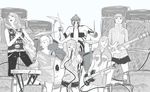  5girls aegis_(persona) amano_maya android band character_request closed_eyes copyright_request crossover cymbals drum eyewear_on_head grey guitar hitoshura instrument keyboard_(instrument) kirijou_mitsuru kujikawa_rise looking_at_viewer microphone monochrome multiple_girls one_eye_closed open_mouth persona persona_2 persona_3 persona_4 pointing satonaka_chie short_hair standing topless we.are.the.armada 