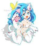  animal_ears blue_eyes blue_hair breasts bug butterfly cat_ears cat_paws cat_tail fang felicia ichizen_(o_tori) insect long_hair medium_breasts navel open_mouth paws solo tail vampire_(game) 