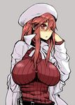  aty_(summon_night) blush breasts hat huge_breasts impossible_clothes impossible_shirt jacket long_hair piaisai red_hair shirt simple_background solo summon_night sweater 