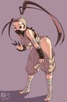  2013 ankle_wrap antenna_hair bandages barefoot bent_over breasts brown_eyes brown_hair dated face_mask fingerless_gloves gloves hair_pulled_back hand_on_thigh high_ponytail highres hip_vent ibuki_(street_fighter) junkpuyo kunai long_hair mask medium_breasts ninja solo street_fighter street_fighter_iii_(series) weapon 
