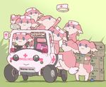  audino box cardboard_box food fruit hat motor_vehicle no_humans nurse_cap pokemon truck vehicle 