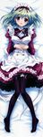 :d absurdres angelina_nanatsu_sewell artist_request bed bed_sheet black_legwear blue_eyes blush breasts dakimakura dress from_above full_body green_hair highres huge_filesize knees_together_feet_apart legs long_sleeves looking_at_viewer lying maid maid_headdress mashiroiro_symphony medium_breasts on_back on_bed on_stomach open_mouth ribbon smile solo thighhighs 