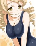  blonde_hair breasts cleavage drill_hair heart jekyll862 large_breasts long_hair mahou_shoujo_madoka_magica one-piece_swimsuit school_swimsuit smile solo swimsuit tomoe_mami twin_drills twintails wet wet_clothes yellow_eyes 