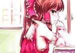  bow breasts brown_eyes brown_hair detached_sleeves hair_bow hair_tubes hakurei_reimu kumaori long_sleeves looking_at_viewer no_bra open_mouth shirt sideboob sitting small_breasts solo sparkle sunlight table touhou wide_sleeves 