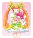  aida_mana bow brown_hair character_doll choker cure_rosetta dokidoki!_precure doll double_bun earrings eyelashes flower green_choker hair_flower hair_ornament jewelry long_hair magical_girl mofuko open_mouth pink_bow precure ribbon rose school_uniform skirt smile solo twintails wrist_cuffs yotsuba_alice 