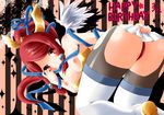  1girl arc_system_works ass bare_shoulders birthday blazblue blazblue:_chronophantasma blush breasts garters hair_ornament hair_tubes happy_birthday izayoi_(blazblue) long_hair nipples oshokuziken panties ponytail red_eyes red_hair skirt skirt_pull thighhighs underwear yamao698 