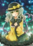  blush eyeball green_eyes green_hair hat hat_ribbon heart heart_of_string highres komeiji_koishi long_hair open_mouth puracotte ribbon skirt smile solo third_eye touhou 