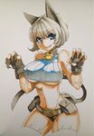  animal_ears bad_id bad_twitter_id bare_shoulders belt blue_eyes bob_cut breasts cat_ears cat_tail claws covered_nipples dark_skin fang fingerless_gloves gloves kawakami_taiki large_breasts marker_(medium) midriff ms._fortune_(skullgirls) paw_pose pouch scar short_hair sideboob skullgirls smile solo tail traditional_media underboob white_hair 