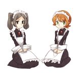  apron bad_end black_eyes bloody_marie_(skullgirls) blush brooch dress frown green_eyes grey_hair hat hat_removed jewelry long_hair maid maid_apron maid_headdress multiple_girls orange_hair peacock_(skullgirls) ribbon seiza short_hair simple_background sitting skullgirls twintails urin white_background wrist_cuffs 