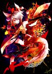  alyssa718 animal_ears armpits hat highres inubashiri_momiji leaf midriff red_eyes silver_hair skirt solo tail tokin_hat touhou wolf_ears wolf_tail 