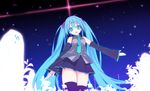  aqua_eyes aqua_hair denpaken_pochi detached_sleeves hatsune_miku highres long_hair necktie night open_mouth skirt solo thighhighs twintails very_long_hair vocaloid 