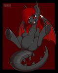  ambiguous_gender belly black_fur border butt cat_eyes demon_wings dragon dragon_wings english_text equine fangs feral fur hair hi_res horse hybrid inviting kloudmutt long_hair looking_at_viewer mammal my_little_pony open_mouth original_character plain_background pony presenting presenting_hindquarters red_background red_eyes red_hair red_sclera signature sitting slit_pupils smile solo spread_legs spreading text tongue wings 