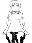  breasts cleavage dress expressionless final_fantasy final_fantasy_tactics greyscale headdress large_breasts long_hair looking_at_viewer looking_down monochrome ninja_(fft) pantyhose short_dress sitting solo tsukudani_(coke-buta) 