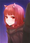  absurdres animal_ears ayakura_juu brown_hair eyebrows_visible_through_hair full_body highres holo hood long_hair looking_at_viewer official_art red_eyes smile solo spice_and_wolf wolf_ears 