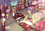  ball bird bow calligraphy_brush candy flower food hair_flower hair_ornament hieda_no_akyuu highres japanese_clothes kimono open_mouth origami paintbrush paper_crane purple_eyes purple_hair rikkunia scroll short_hair sitting smile solo table tatami touhou vase 