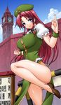  beret blue_eyes blush braid breasts byeontae_jagga china_dress chinese_clothes clock clock_tower dress hat hong_meiling korean large_breasts legs long_hair panties red_hair side-tie_panties smile solo touhou tower translated twin_braids underwear 