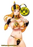  bikini blonde_hair blush borussia_dortmund breasts bundesliga cleavage ge_xi german highres huge_breasts logo long_hair looking_at_viewer navel original personification puma_ag purple_eyes soccer solo swimsuit watermark web_address 