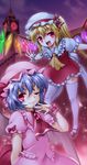  :d analog_clock blonde_hair blue_hair blush byeontae_jagga clock clock_tower crystal dress fang flandre_scarlet frills hat multiple_girls one_eye_closed open_mouth outdoors red_eyes remilia_scarlet short_hair siblings sisters smile thighhighs touhou tower white_legwear wings wrist_cuffs 