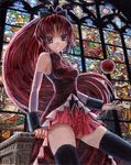  apple black_legwear bow detached_sleeves dress food fruit grin hair_bow kabaji long_hair looking_at_viewer mahou_shoujo_madoka_magica oil_painting_(medium) red_dress red_eyes red_hair sakura_kyouko skirt smile solo stained_glass thighhighs traditional_media very_long_hair zettai_ryouiki 