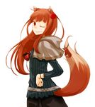  ;) absurdres animal_ears apple apple_hair_ornament ayakura_juu brown_hair closed_mouth food food_themed_hair_ornament fruit hair_ornament hand_on_hip highres holo long_hair looking_back one_eye_closed pouch red_eyes simple_background smile solo spice_and_wolf tail white_background wolf_ears wolf_tail wristband 
