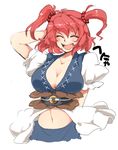  belt breasts cleavage closed_eyes coin eyebrows hand_behind_head iroyopon large_breasts midriff navel onozuka_komachi open_mouth puffy_sleeves red_hair scrunchie shirt short_sleeves skirt smile solo thick_eyebrows touhou two_side_up 