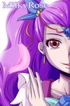  bloom character_name circlet earrings flower highres jewelry long_hair magical_girl milk_(yes!_precure_5) milky_rose mimino_kurumi nishi_koutarou out_of_frame portrait precure purple_hair red_eyes simple_background smile solo white_background yes!_precure_5 yes!_precure_5_gogo! 