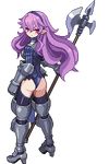 armor ass black_legwear disgaea disgaea_d2 e79 gauntlets greaves hairband halberd heavy_knight_(disgaea) highleg long_hair looking_at_viewer looking_back lowres pixel_art pointy_ears polearm purple_hair red_eyes solo thighhighs transparent_background weapon 