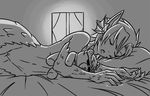  bed dragon_girl fins granberia greyscale jiffic lying mon-musu_quest! monochrome monster_girl nude on_side pillow pussy scales short_hair sleeping stuffed_animal stuffed_toy sunglasses teddy_bear window 