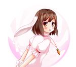 :o animal_ears aps_(alice-momizi) arms_behind_back bad_id bad_pixiv_id brown_hair bunny_ears bunny_tail carrot dress inaba_tewi jewelry looking_at_viewer pendant pink_dress red_eyes short_hair short_sleeves simple_background solo tail touhou v_arms white_background 