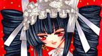  bad_id bad_pixiv_id bangs big_hair black_hair blunt_bangs celestia_ludenberck danganronpa danganronpa_1 drill_hair earrings face hair_ribbon hairband hime_cut jewelry jitome lilyvanilla lipstick lolita_fashion long_hair makeup marker_(medium) red_background red_eyes ribbon smile solo traditional_media twintails 