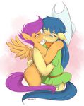  blue_hair blush clothing cub cutie_mark equine female feral fiddlesticks_(mlp) friendship_is_magic hair hat horse kissing lesbian long_hair mammal my_little_pony open_mouth pegasus pony purple_eyes purple_hair saliva scarf scootaloo_(mlp) tongue wings young 