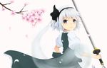  bad_id bad_pixiv_id blue_eyes branch cherry_blossoms hair_ribbon katana konpaku_youmu konpaku_youmu_(ghost) light_smile looking_at_viewer puffy_short_sleeves puffy_sleeves puririn ribbon short_hair short_sleeves silver_hair simple_background skirt smile solo sword touhou unsheathed vest weapon white_background wind 