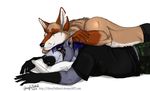  anthro best_place_to_sleep_on canine content_smile couple coyote dog duo female glowingraver glowy glowydabstrd hailstorm lying male mammal pillow pitbull smile straight 