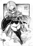  absurdres assassin's_creed_(series) bikini_bottom boots cloak eudetenis fate/apocrypha fate_(series) graphite_(medium) greyscale hidden_blade highres holding holding_knife jack_the_ripper_(fate/apocrypha) knife monochrome short_hair solo thigh_boots thighhighs traditional_media weapon 