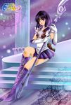  artist_name back_bow bishoujo_senshi_sailor_moon black_hair boots bow brooch brown_bow choker copyright_name elbow_gloves full_body gloves highres holding holding_spear holding_weapon jewelry knee_boots koya magical_girl polearm purple purple_background purple_eyes purple_footwear purple_sailor_collar purple_skirt ribbon sailor_collar sailor_saturn sailor_senshi_uniform saturn_symbol short_hair silence_glaive sitting skirt smile solo spear stairs star star_choker tiara tomoe_hotaru weapon white_gloves 