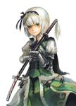  adapted_costume bow embellished_costume gauntlets grey_eyes hair_bow iroai_midodo katana konpaku_youmu looking_at_viewer scabbard sheath short_hair silver_hair simple_background solo sword touhou upper_body weapon white_background 