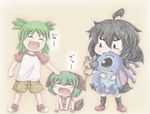  ^_^ ahoge animal_ears asymmetrical_wings black_hair black_legwear child closed_eyes crossover dress fang green_hair houjuu_nue hug kasodani_kyouko koiwai_yotsuba lilo_&amp;_stitch multiple_crossover multiple_girls notched_ear open_mouth petting quad_tails raglan_sleeves short_hair shorts smile stitch_(lilo_&amp;_stitch) tail thighhighs touhou traditional_media wings yotsubato! ziogon 